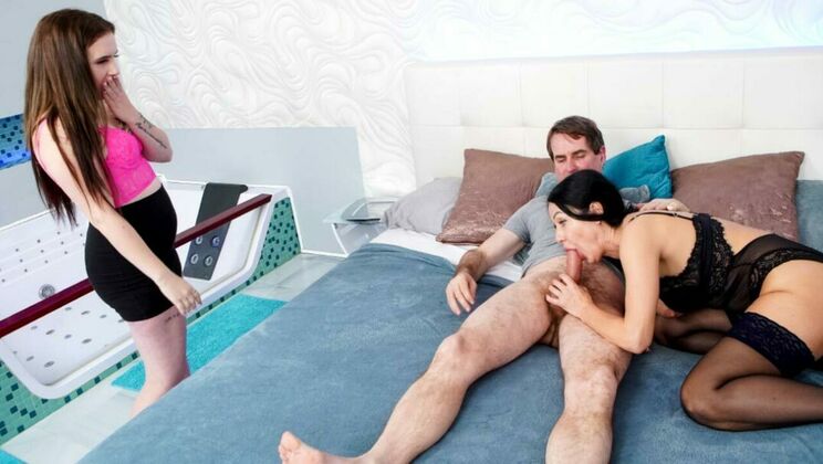 [GrandparentsX] - Mature and Young Brunette Threesome Action