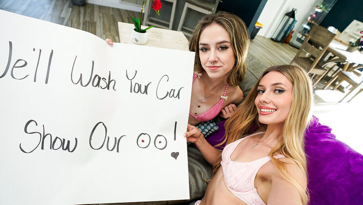 Tattooed Brunette And Blonde Babe - Bikini Carwash Turns To Deepthroat